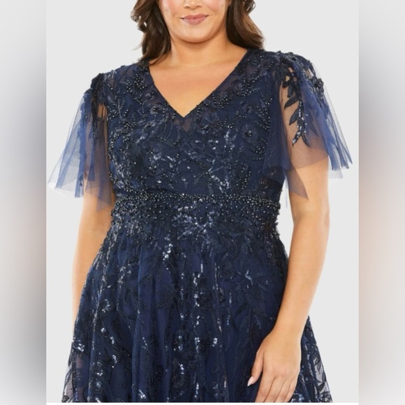 Mac Duggal 20469 NWT Navy High Neck Flutter Sleeve Embellished A-Line Gown - Picture 2 of 11